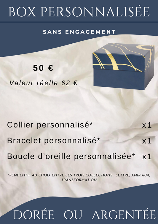 Box Bijoux Personnalisée en Acier inoxydable doré ou argenté comprenant un collier, un bracelet et une paire de boucles d'oreille
